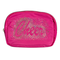 Pink belt bag with 'Cheer' rhinestone embellishments on a white background