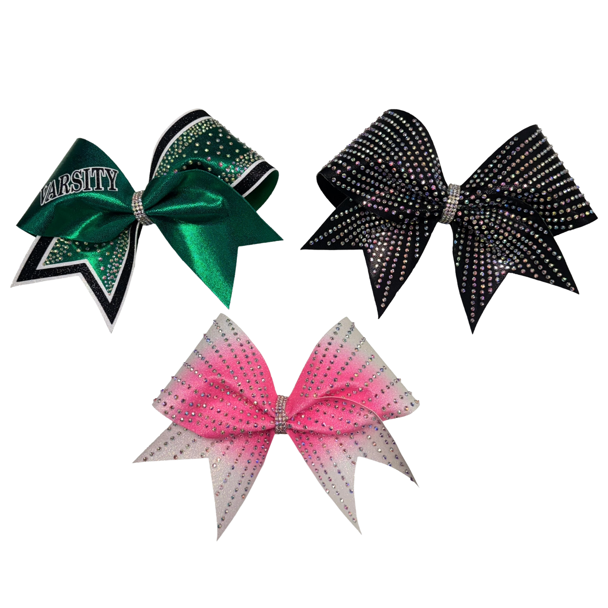 Set of three rhinestone bows, green on the left, black on the right and pink in the middle.